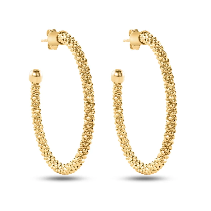 Clearance- Sterling Gold Plated 925 Sterling Silver Beaded Semi Hoop Earrings - ITE00045GP