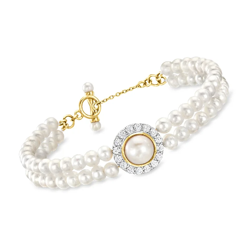 Ross-Simons 3-8.5mm Cultured Pearl and White Zircon Bracelet in 18kt Gold Over Sterling