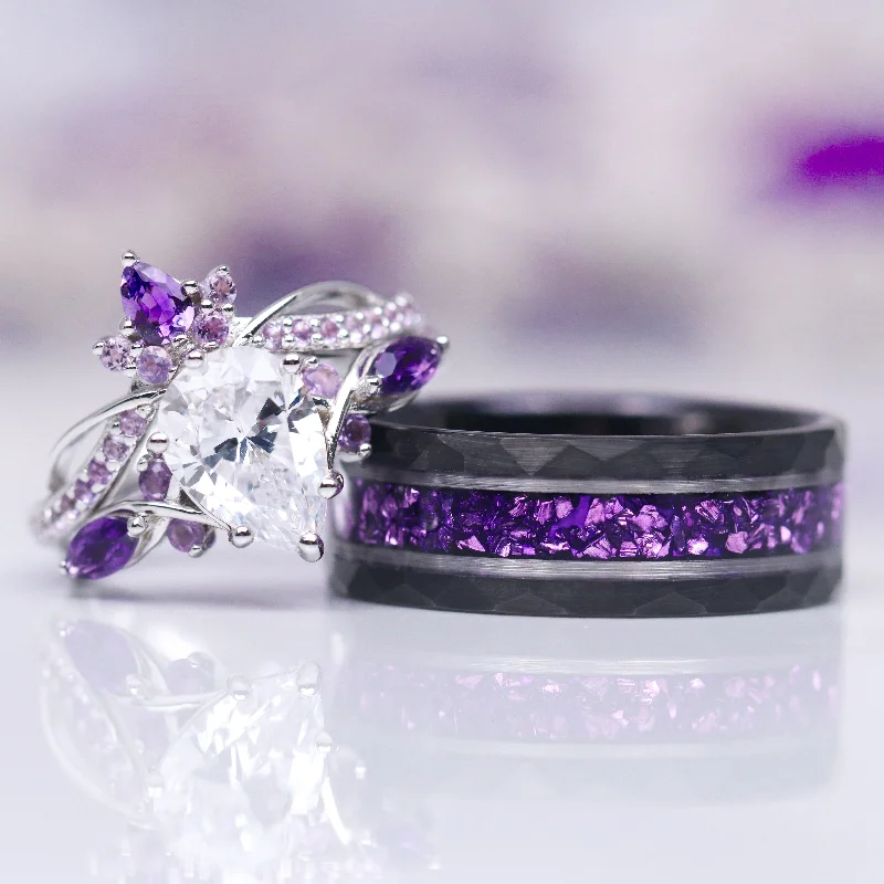 Feyre Amethyst & Diamond (cz) Leaf Couples Ring