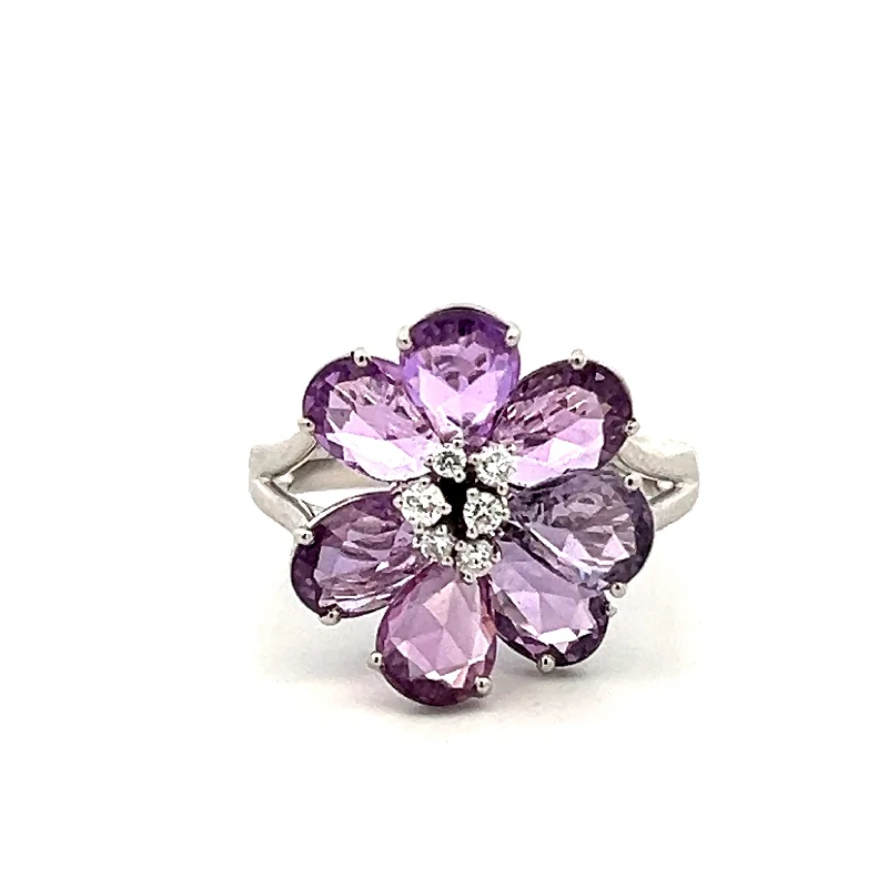 18K White Gold 4.76ctw Briolette Purple Sapphire & Diamond Flower Ring