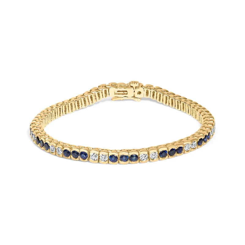 14K Yellow Gold 1 3/4 Cttw Diamond and 5.0 Cttw Blue Sapphire Bezel Set Tennis Bracelet