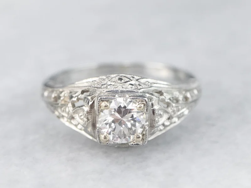 round cut engagement rings for women -Art Deco Diamond Solitaire Engagement Ring