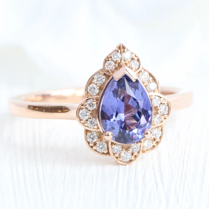 Pear Cut Lavender Purple Sapphire Ring in 14k Rose Gold Vintage Floral Diamond, Size 6.5