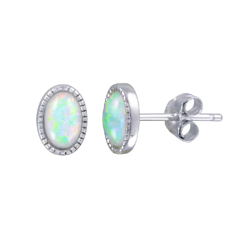 Rhodium Plated 925 Sterling Silver Oval Synthetic Opal Stud Earrings - STE01187