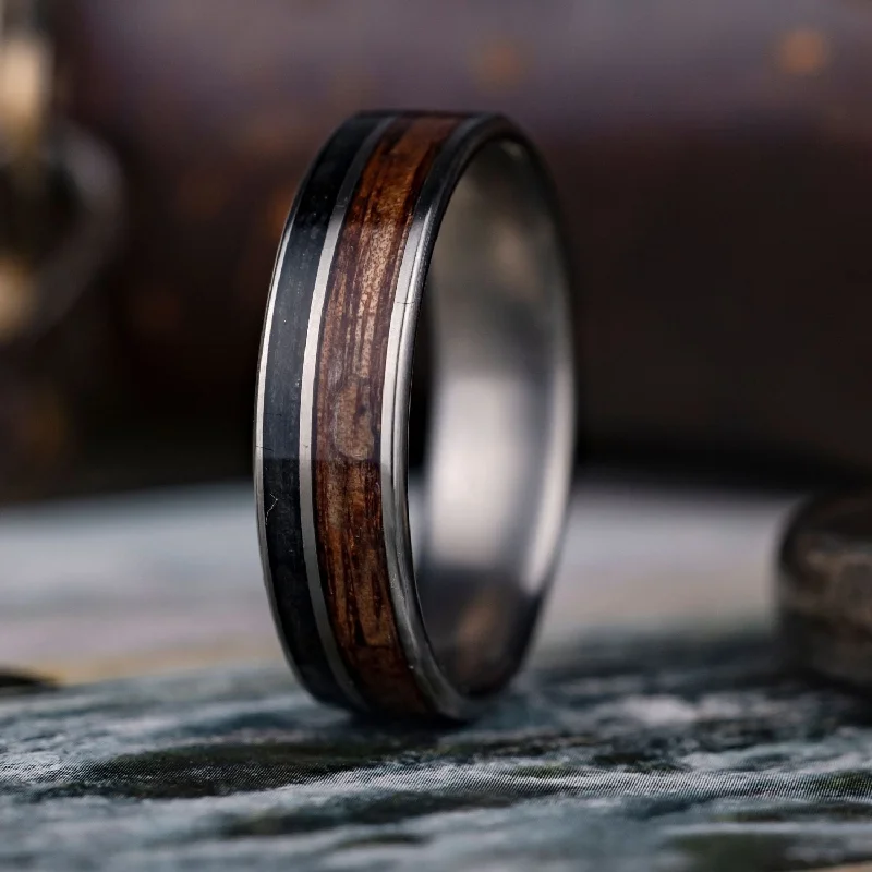 (In-Stock) Custom Men's Titanium Ring with Weathered Whiskey Barrel and Koa Wood - Size 13.75 | 7mm Wide