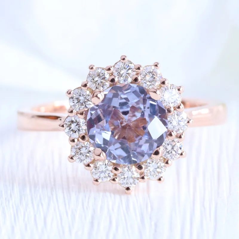 1.82 Ct Lavender Sapphire Ring in 14k Rose Gold Large Halo Diamond, Size 6