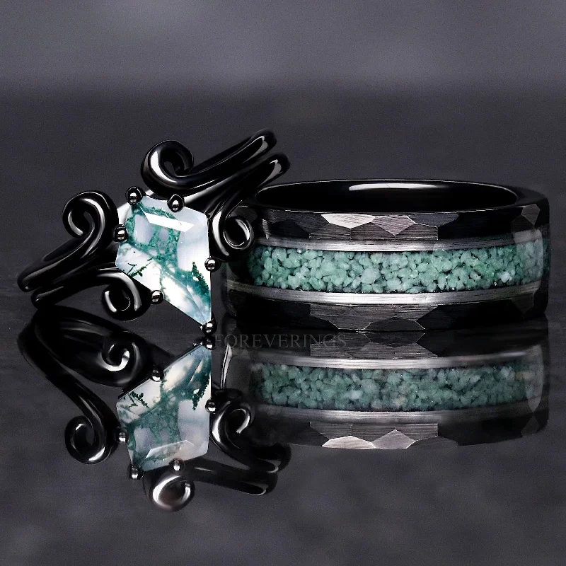 Green Moss Agate Twirl Couples Ring Set