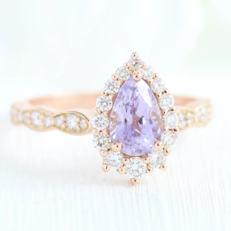 1.72 Ct Pear Lavender Sapphire Ring in 14k Rose Gold Tiara Halo Diamond, Size 6