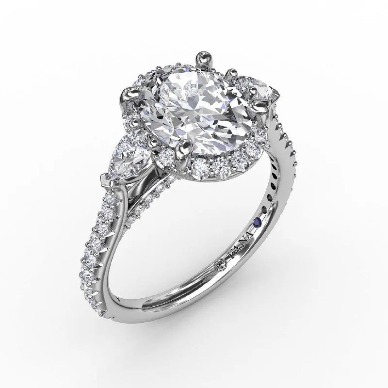 unique engagement rings for women -Oval Diamond Halo Engagement Ring With Pear-Shape Diamond Side Stones