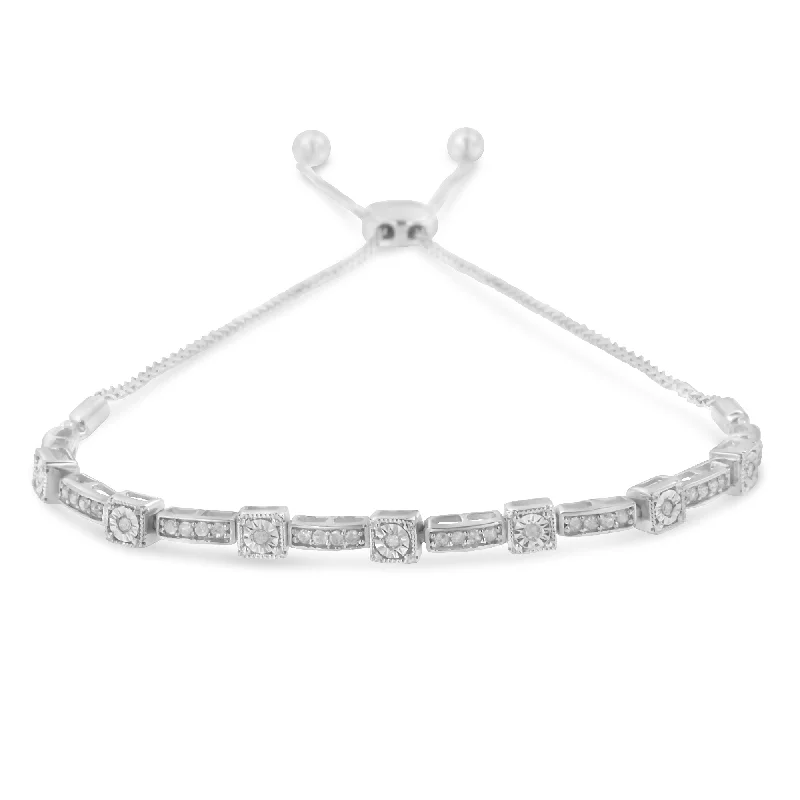 .925 Sterling Silver 1/4 Cttw Diamond 4”-10” Adjustable Bolo Alternating Square and Rectangle Bolo Bracelet