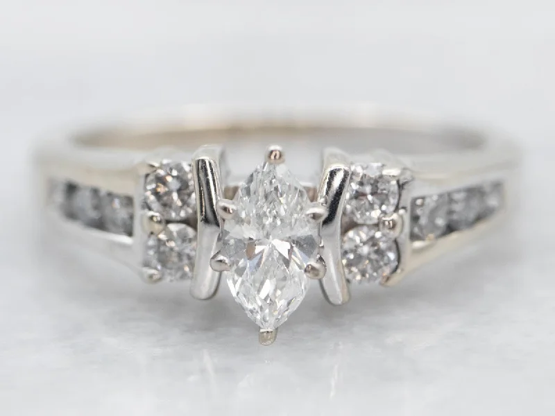 vintage style engagement rings -White Gold Marquise Cut Diamond Engagement Ring with Diamond Shoulders