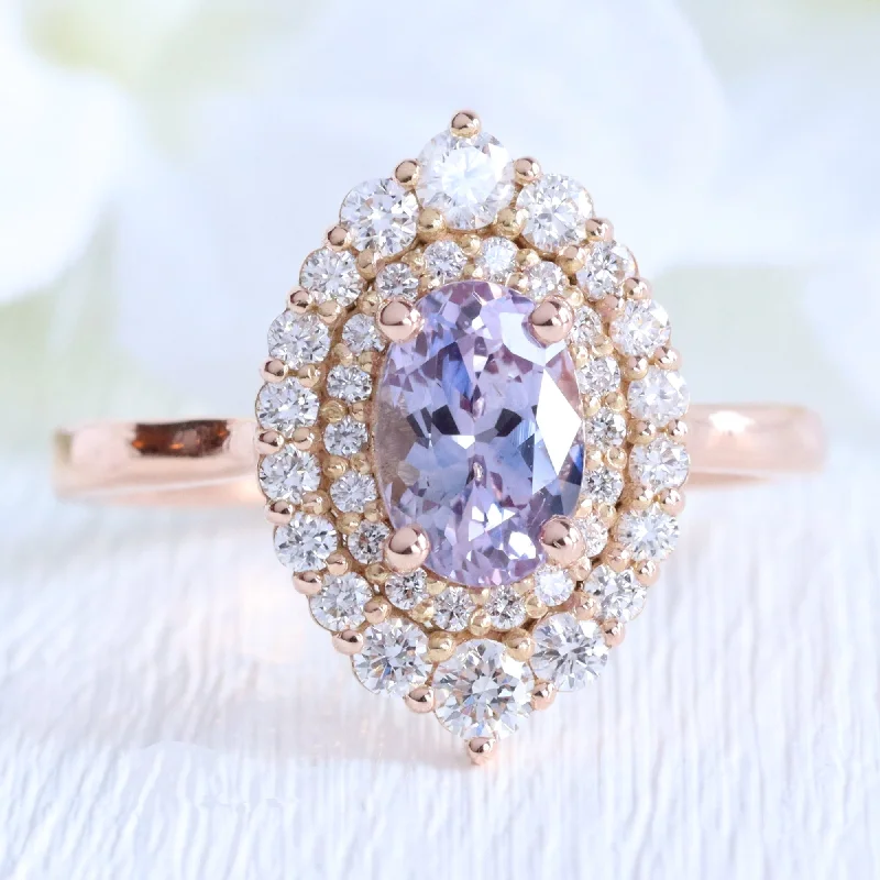 1.8 Ct Oval Lavender Sapphire Ring in 14k Rose Gold Double Halo Diamond, Size 6.5