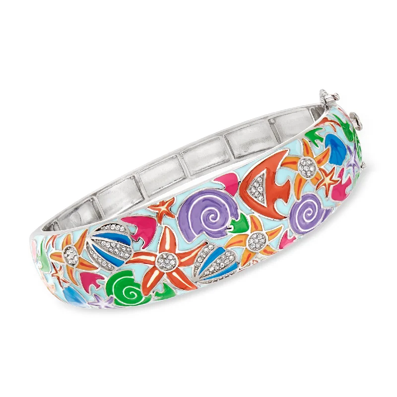 Ross-Simons White Topaz and Multicolored Enamel Sea Life Bangle Bracelet in Sterling Silver