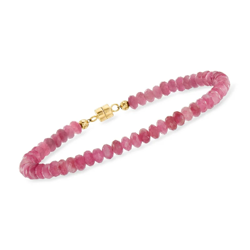 Ross-Simons Pink Tourmaline Bead Bracelet With 14kt Yellow Gold Magnetic Clasp