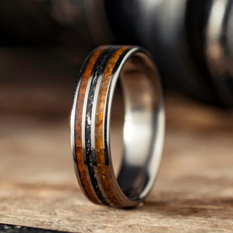 (In-Stock) The Jurassic | Men's Titanium Wedding Band with Dinosaur Bone, Meteorite & Fossilized Amber - Size 9.5 | 6mm Wide