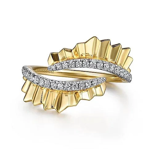 Diamond Cut - 14K Yellow Gold Diamond Bypass Ring with Diamond Cut Texture