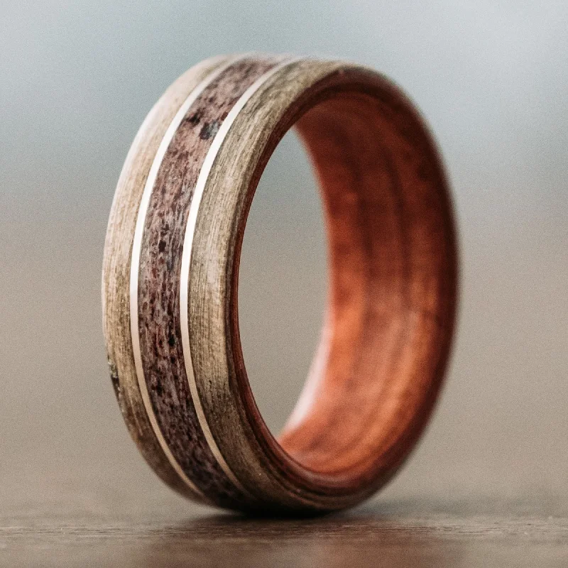 (In-Stock) Custom Louisiana Bogwood Wedding Band with Walnut Wood Liner, Elk Antler, & Dual Silver Inlays - Size 9.5 | 8mm Wide