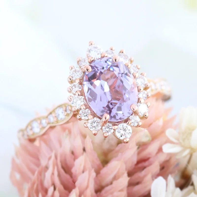 2.06 Ct Oval Lavender Sapphire Ring in 14k Rose Gold Tiara Halo Diamond, Size 6